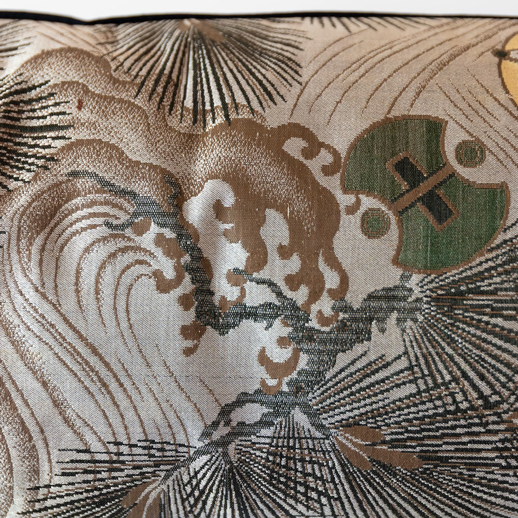 Detail of wild wave and pine motifs woven on grey Japanese Maru Obi silk bolster cushion