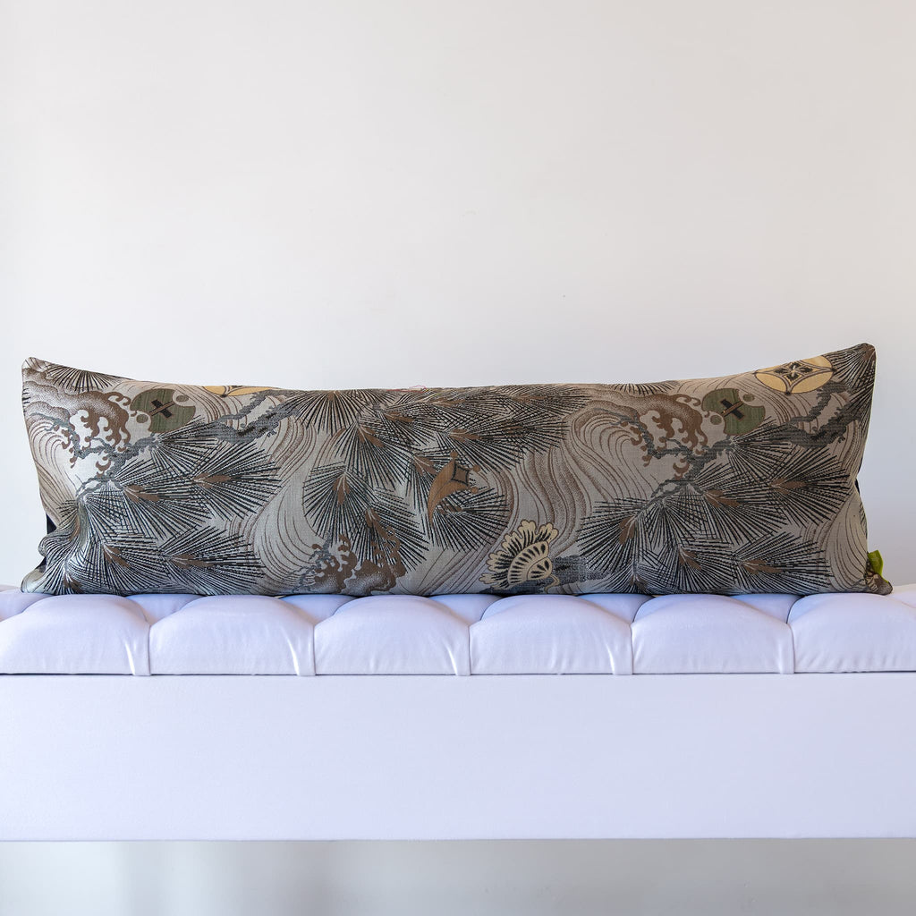 Full view of grey silk bolster cushion made from vintage Japanese Maru Obi with pine and wild wave design