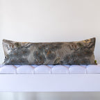 Full view of grey silk bolster cushion made from vintage Japanese Maru Obi with pine and wild wave design