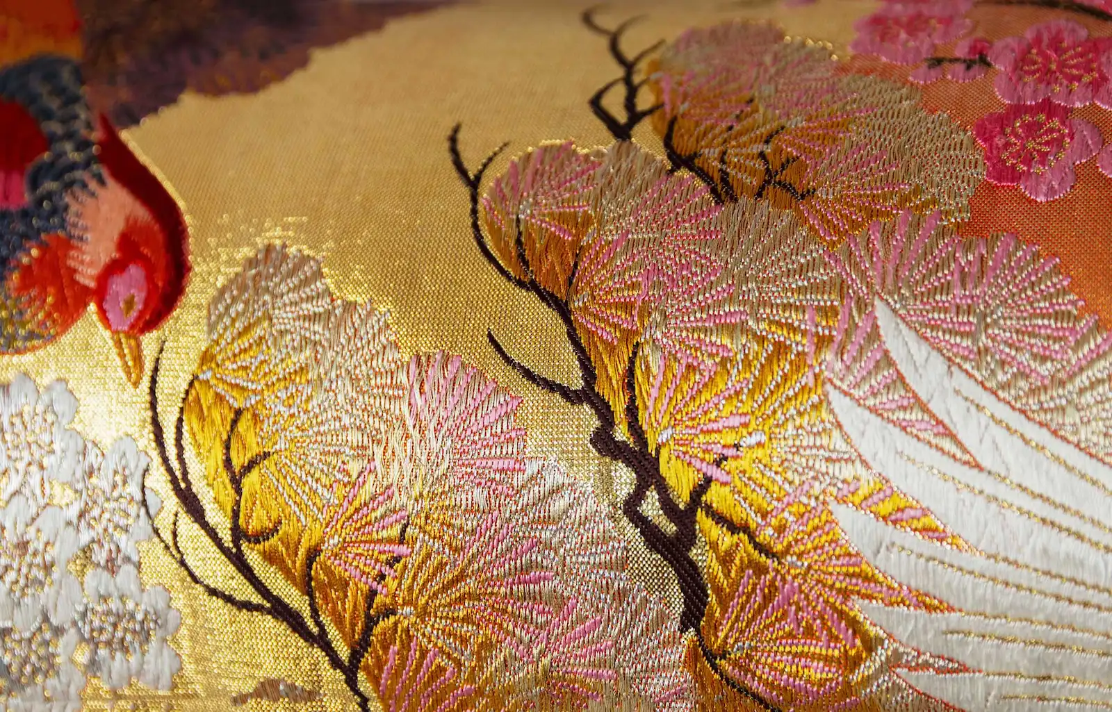 Vintage Japanese wedding kimono pillow with embroidered birds and floral design on gold silk - luxury obi cushion
