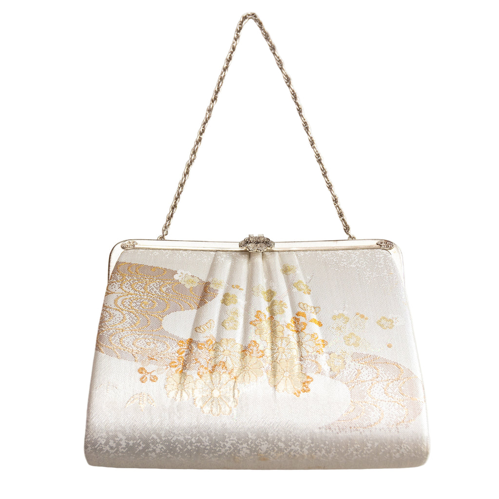 Vintage Japanese silk clutch bag in ivory silk with flower and river pattern, silver metal chain strap