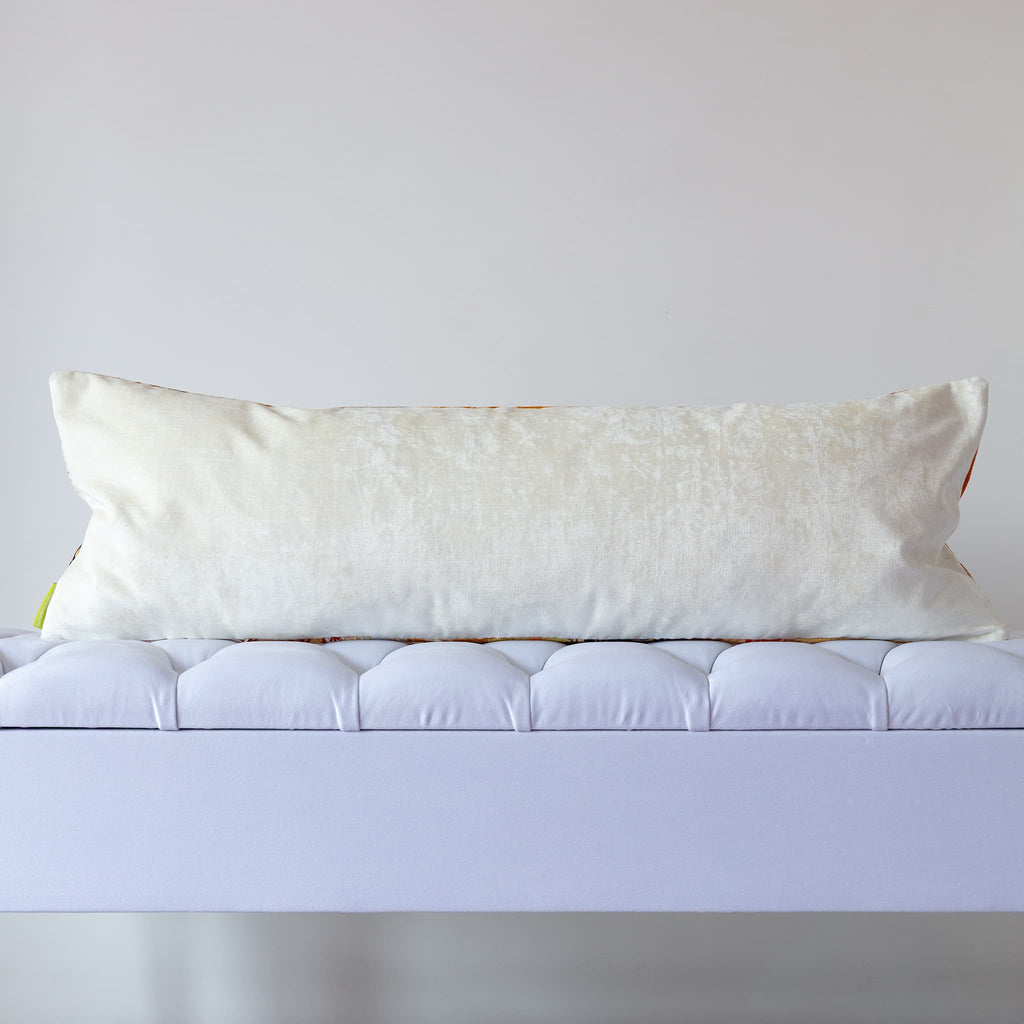 Cream textured velvet reverse of Japanese silk bolster cushion