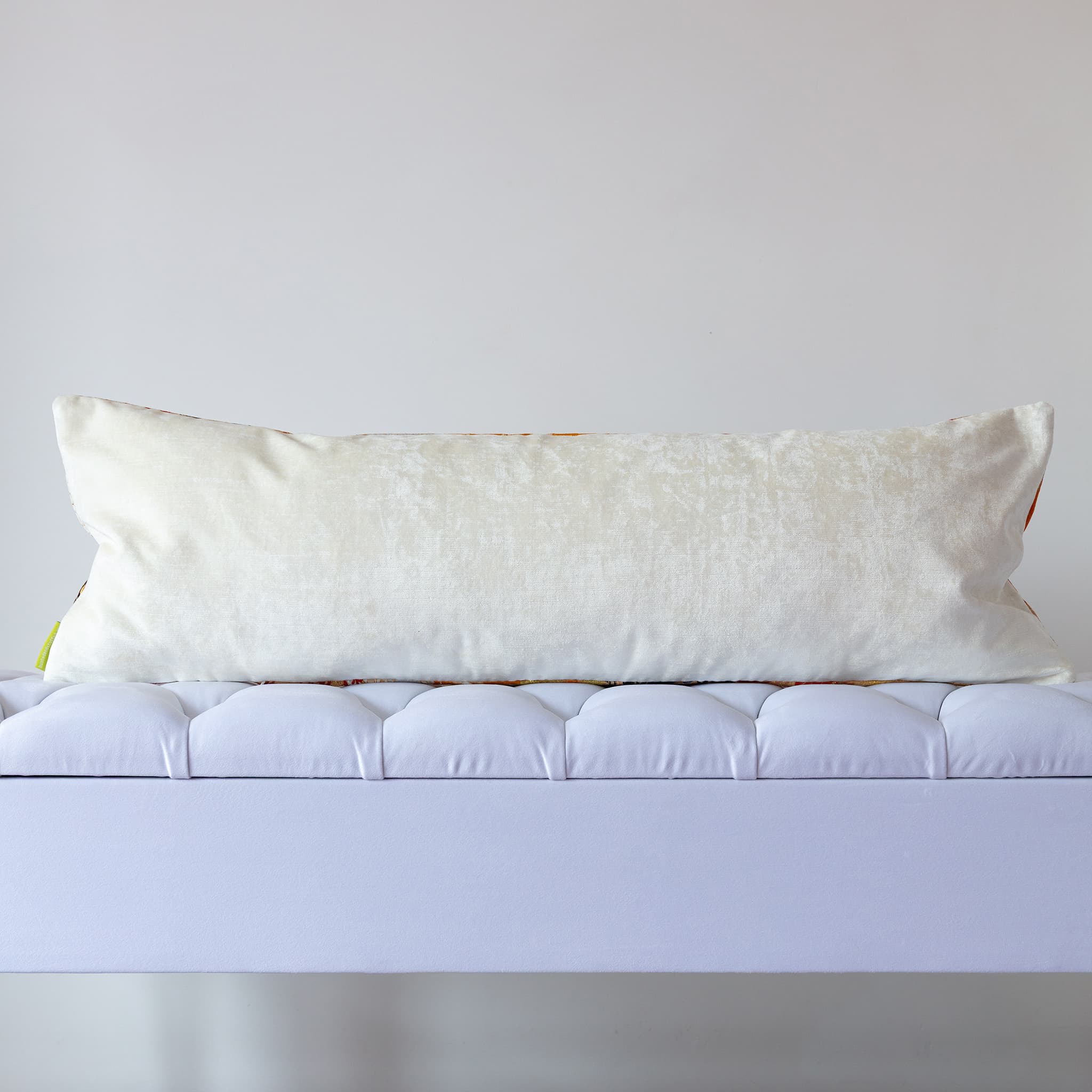 Cream textured velvet reverse of Japanese silk bolster cushion