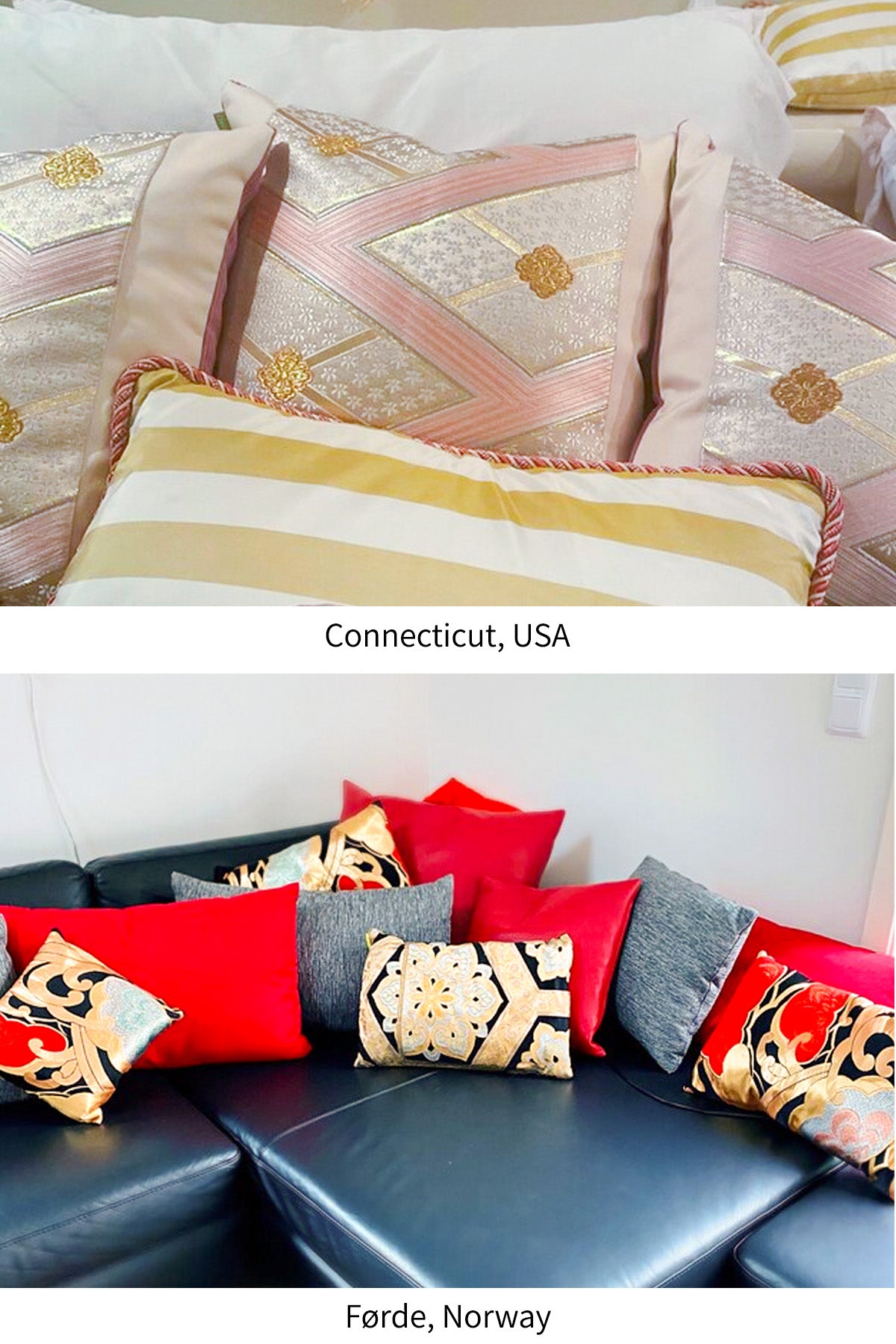 Customer photos of Kimono Living vintage Japanese silk cushions in real homes in Connecticut, USA and Førde, Norway.