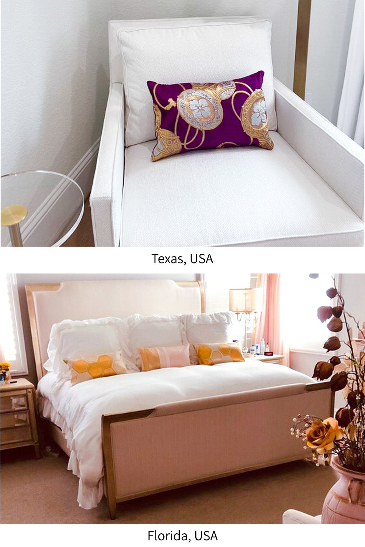 Customer photos of Kimono Living vintage Japanese silk cushions in real homes in Texas and Florida, USA.