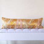 Long gold silk bolster cushion made from vintage Japanese obi with araumi wave motif in gold and silver on a soft pink ground