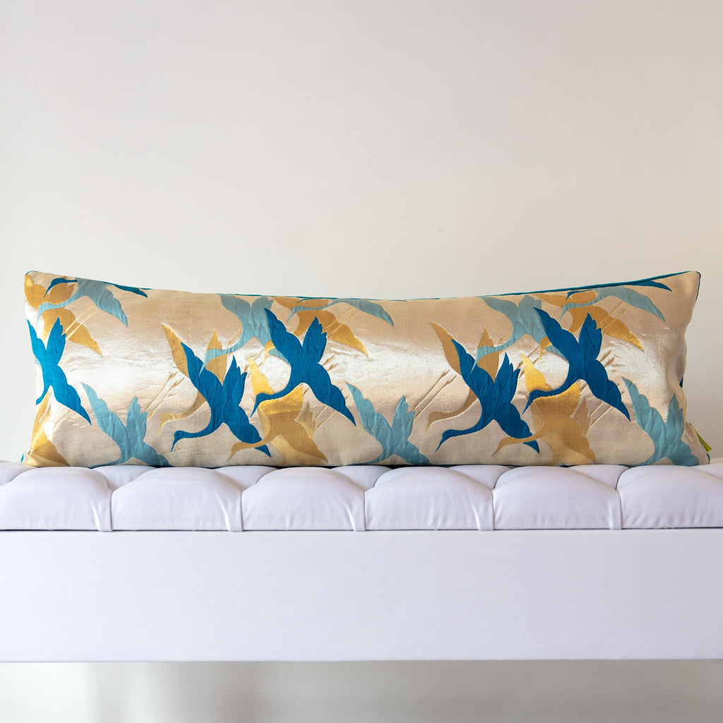 Long gold silk bolster cushion with stylised teal cranes on vintage Japanese Fukuro Obi silk, mid-century design