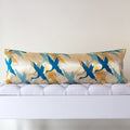 Long gold silk bolster cushion with stylised teal cranes on vintage Japanese Fukuro Obi silk, mid-century design