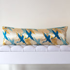 Long gold silk bolster cushion with stylised teal cranes on vintage Japanese Fukuro Obi silk, mid-century design