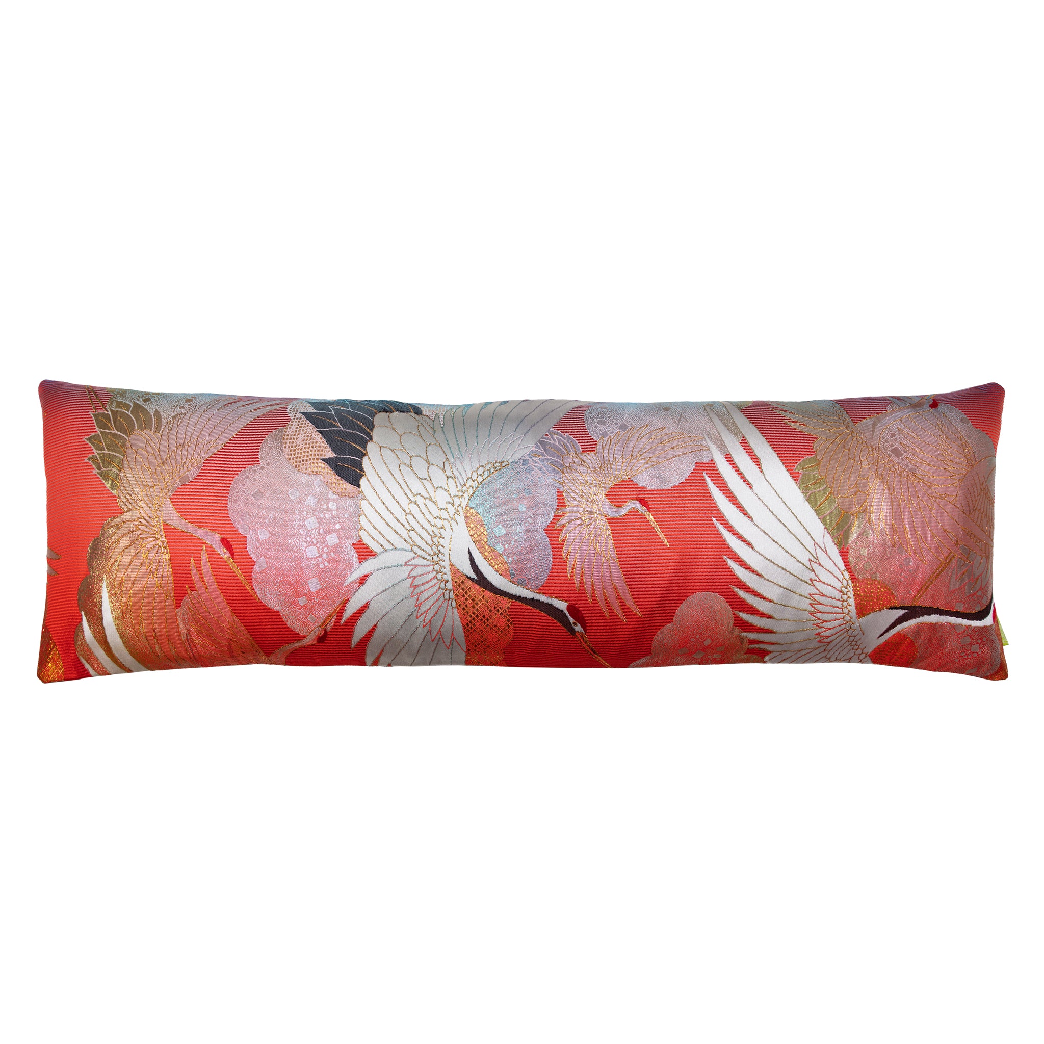 Long red silk bolster cushion featuring taupe velvet kimono cranes embroidery, Hunted and Stuffed Uchikake bolsters, 16x36