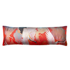 Long red silk bolster pillow featuring cranes in vintage kimono fabric, crafted from purple velvet by Hunted and Stuffed
