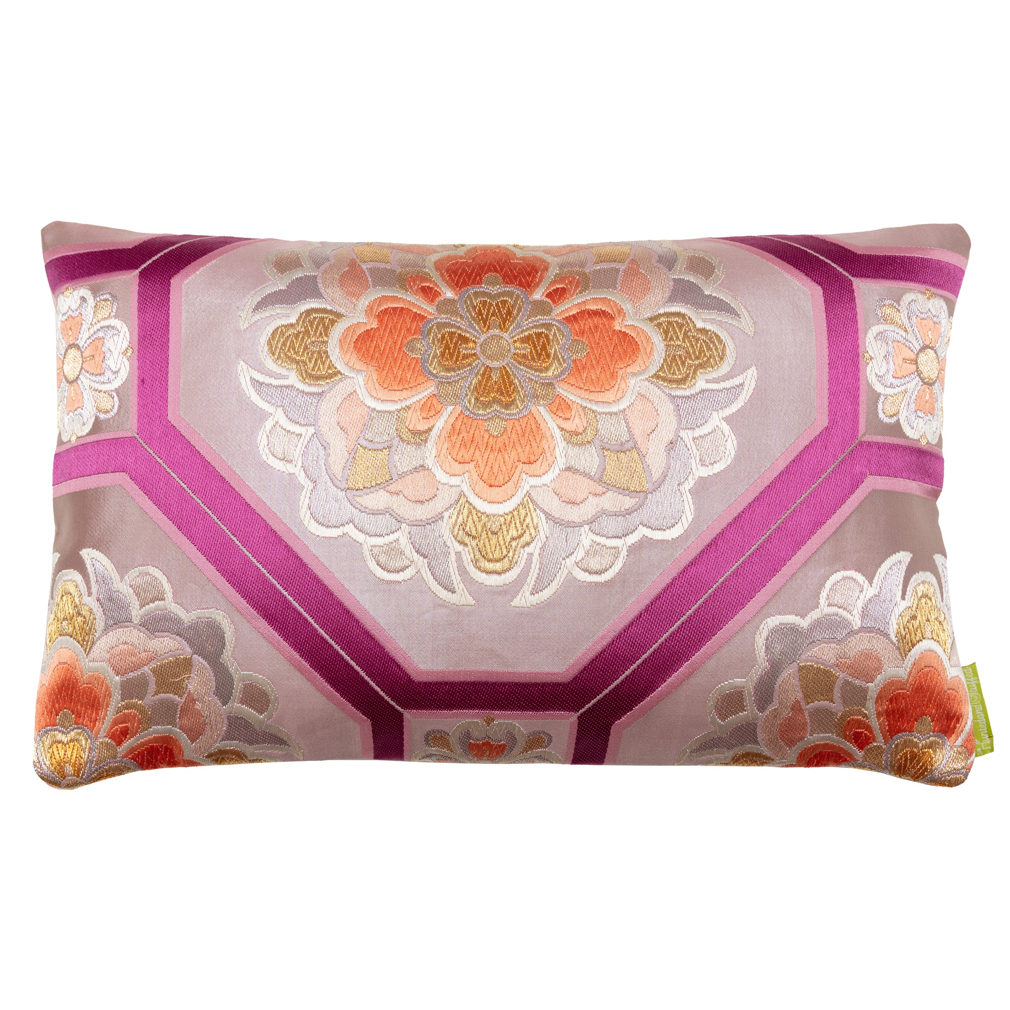 Mauve silk obi pillow featuring metallic floral embroidery and pink silk backing, by Hunted and Stuffed, 16x16 inches