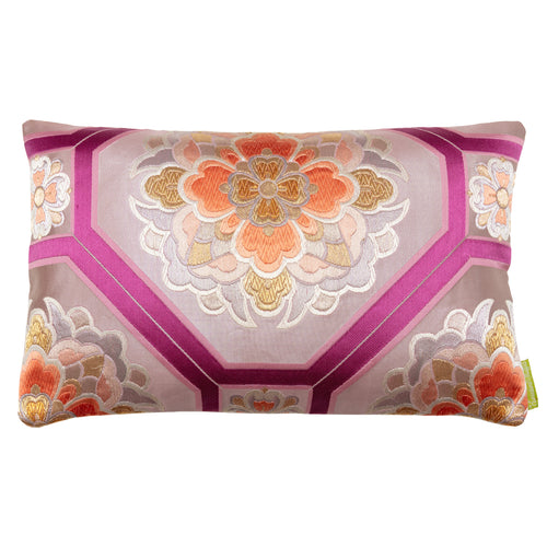 Rectangular cushion in vintage Japanese kimono obi silk with gold and orange hanabishi pattern over mauve silk base