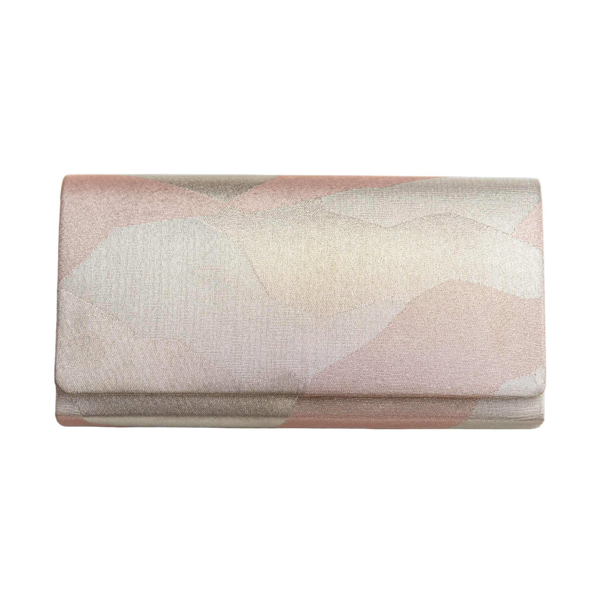 Vintage Japanese silk fold over clutch bag with abstract metallic pattern in silver and pale pink silk. On white background.
