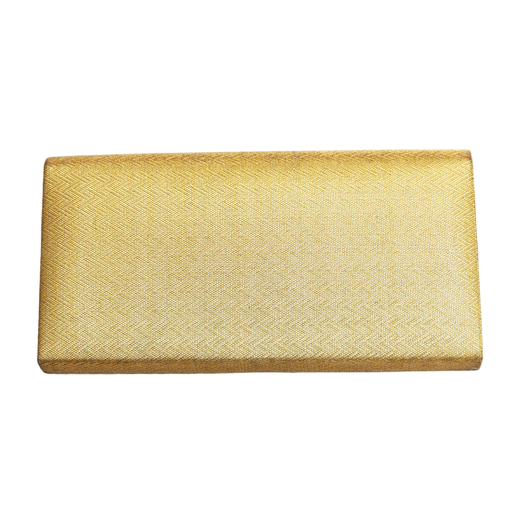 Reverse view of a vintage Japanese gold silk clutch bag with woven geometric pattern on a white background.