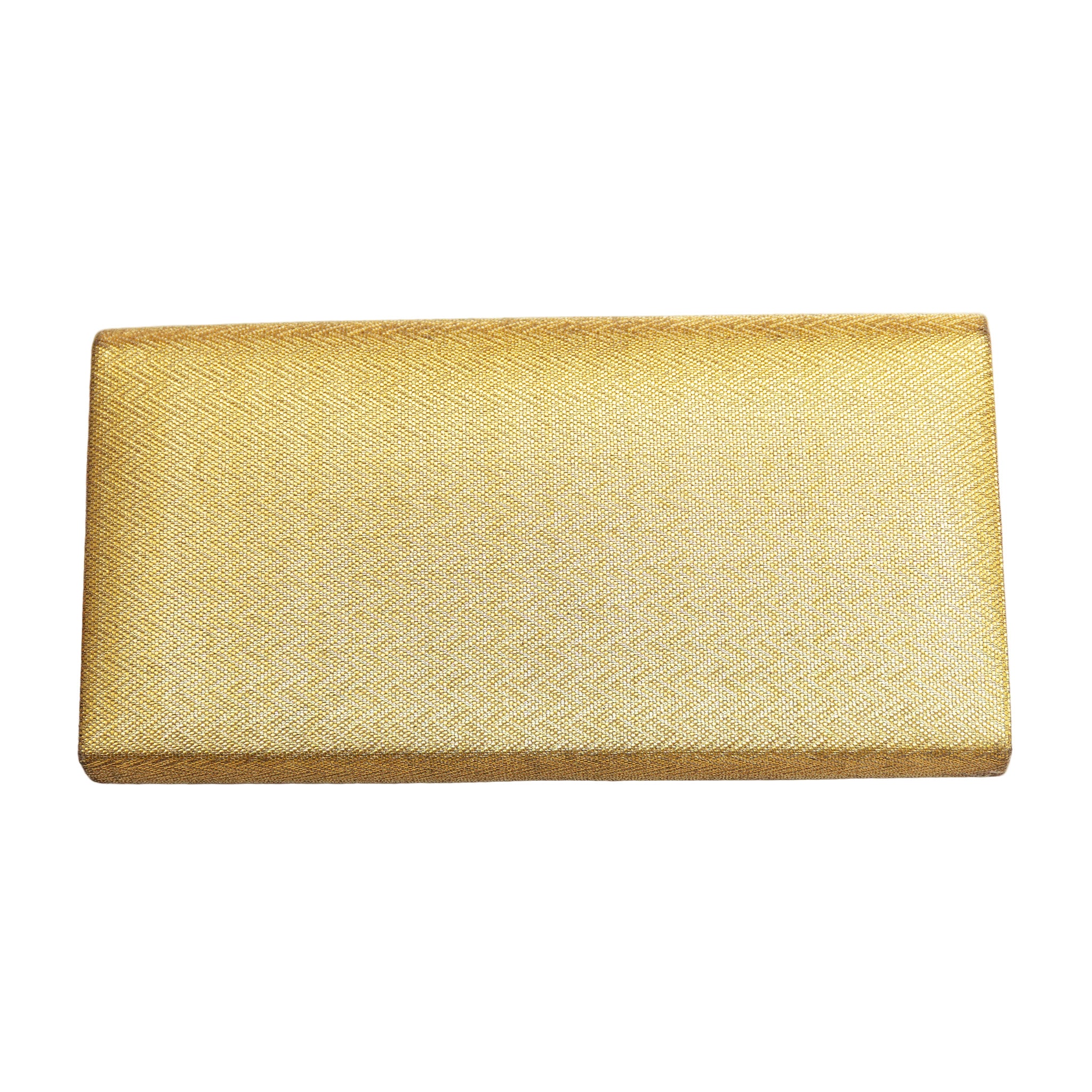 Reverse view of a vintage Japanese gold silk clutch bag with woven geometric pattern on a white background.