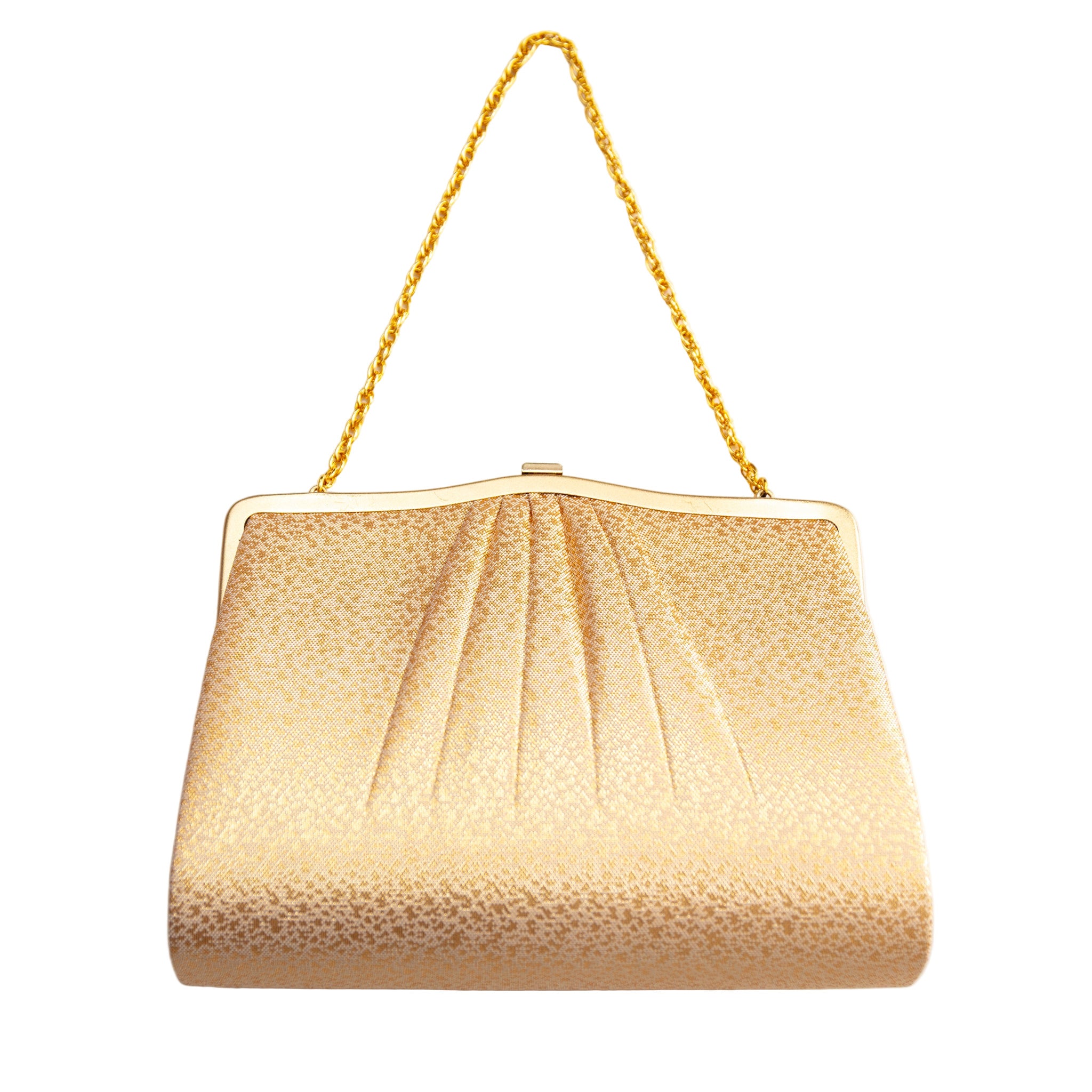 Vintage Japanese metallic gold silk clutch bag, reverse view, with gold frame and chain strap.