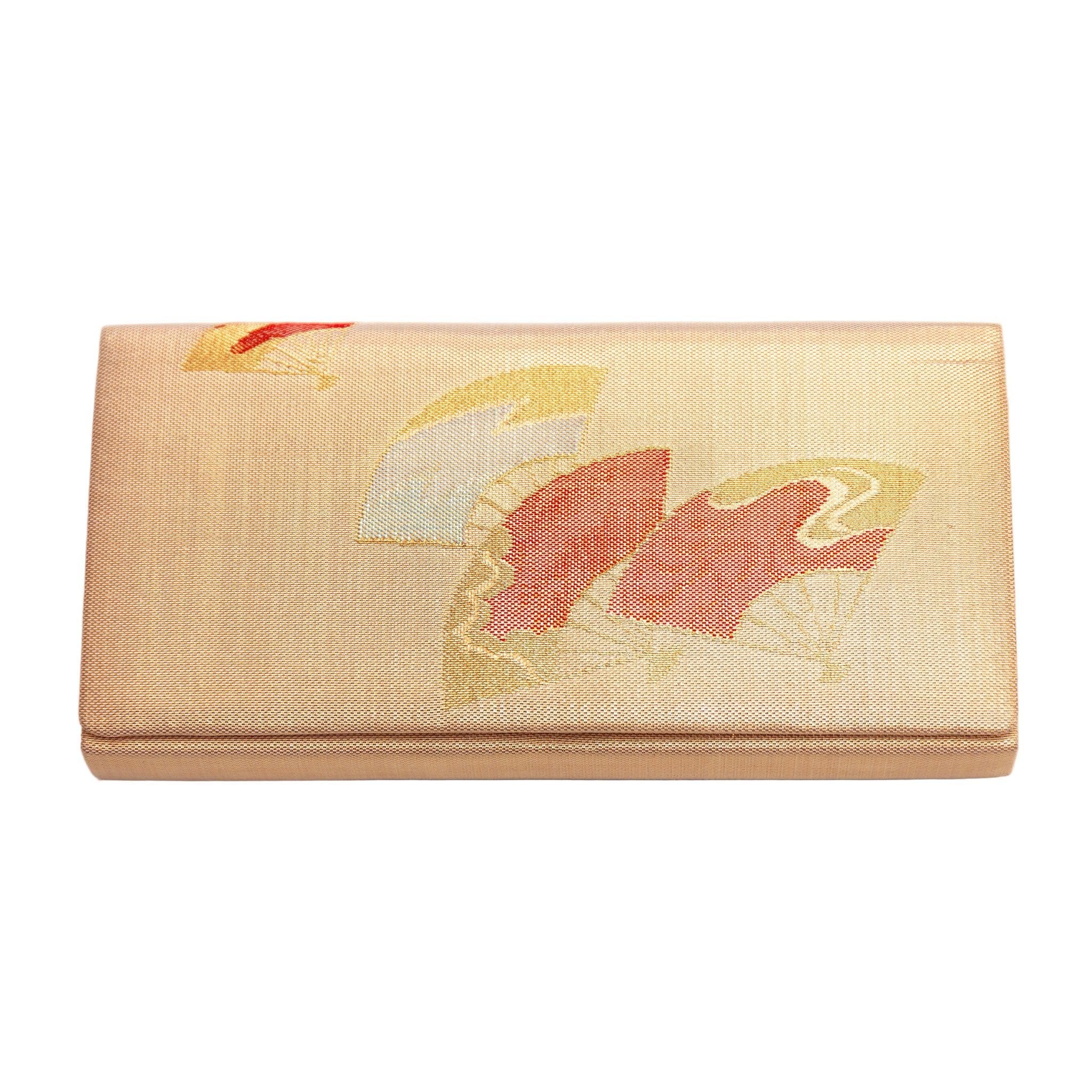 Vintage Japanese silk clutch bag in gold with fans motifs on a white background.