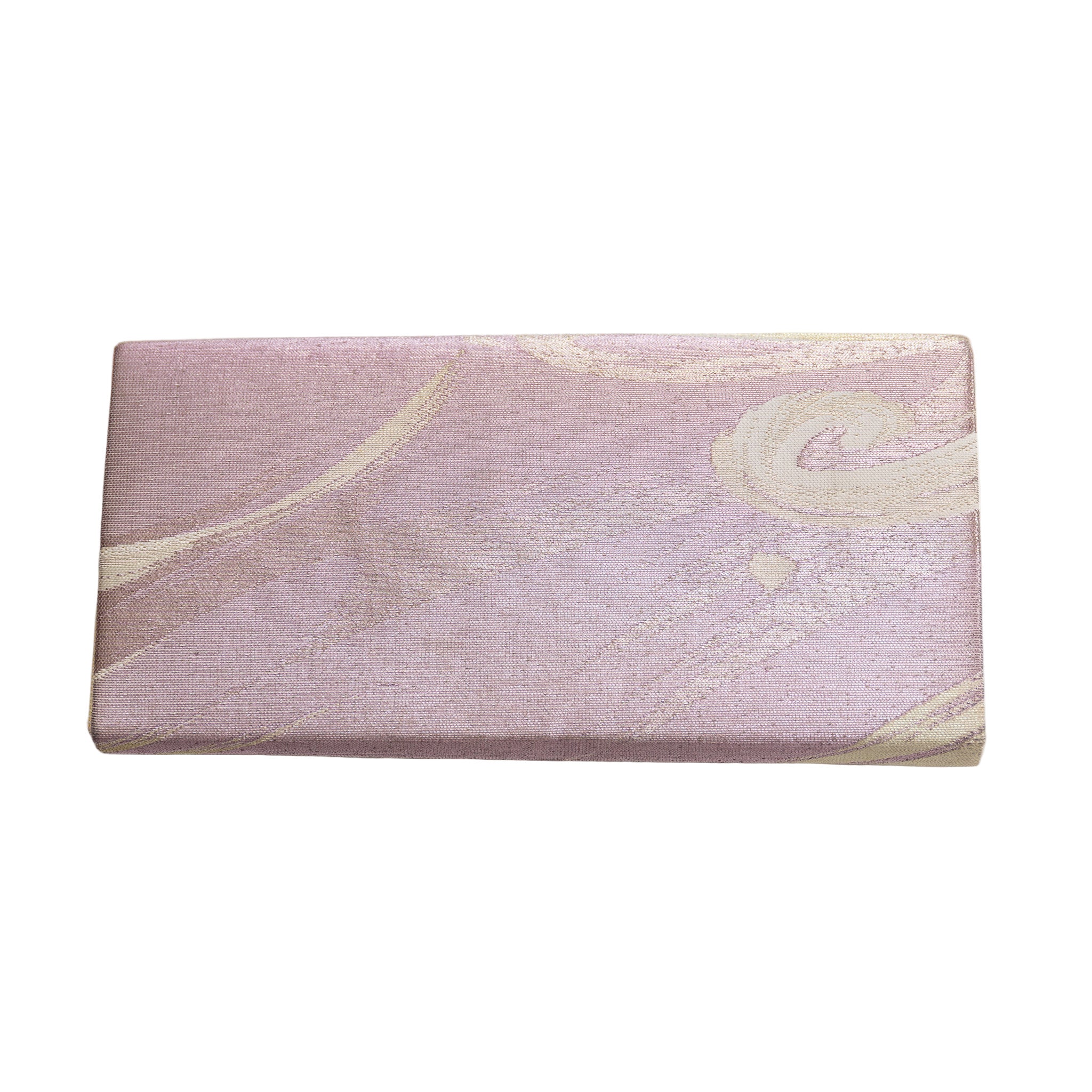 Reverse view of vintage Japanese silk clutch bag in lilac pink and cream.