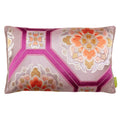 A decorative silk Japanese obi pillow with a geometric pattern and floral designs, featuring colors such as pink, mauve, purple, orange, silver, and gold.