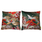 Hunted and Stuffed green silk and gold velvet square Obi cushion pair, 16-inch diameter, with textured fabric and plush
