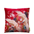 square cushion in vintage kimono silk, flying white cranes over red and gold flowers