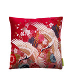 square cushion in vintage kimono silk, flying white cranes over red and gold flowers