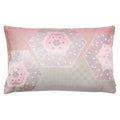 A rectangular pink ombre silk cushion with silver accents and geometric patterns, featuring flowers, hexagons and pinebark diamond designs.