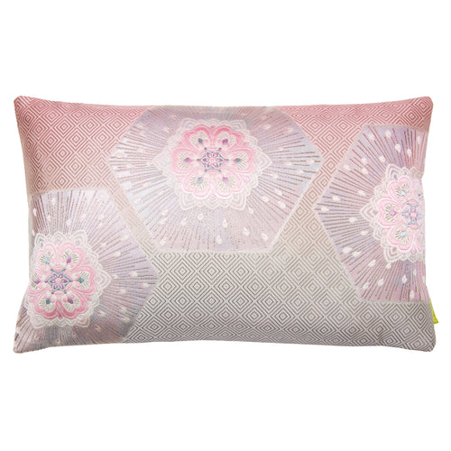 Pink ombre silk obi cushion with silver hanabishi floral hexagon patterns, soft textured fabric, measures approximately