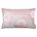 A rectangular silk cushion with a pink ombre background featuring silver hexagons and floral patterns, and a geometric pinebark diamond pattern.