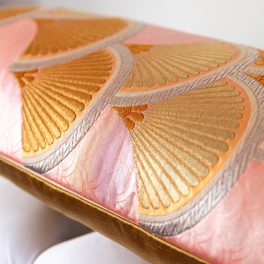 Edge detail showing pink fukuro obi silk and hammered gold satin reverse