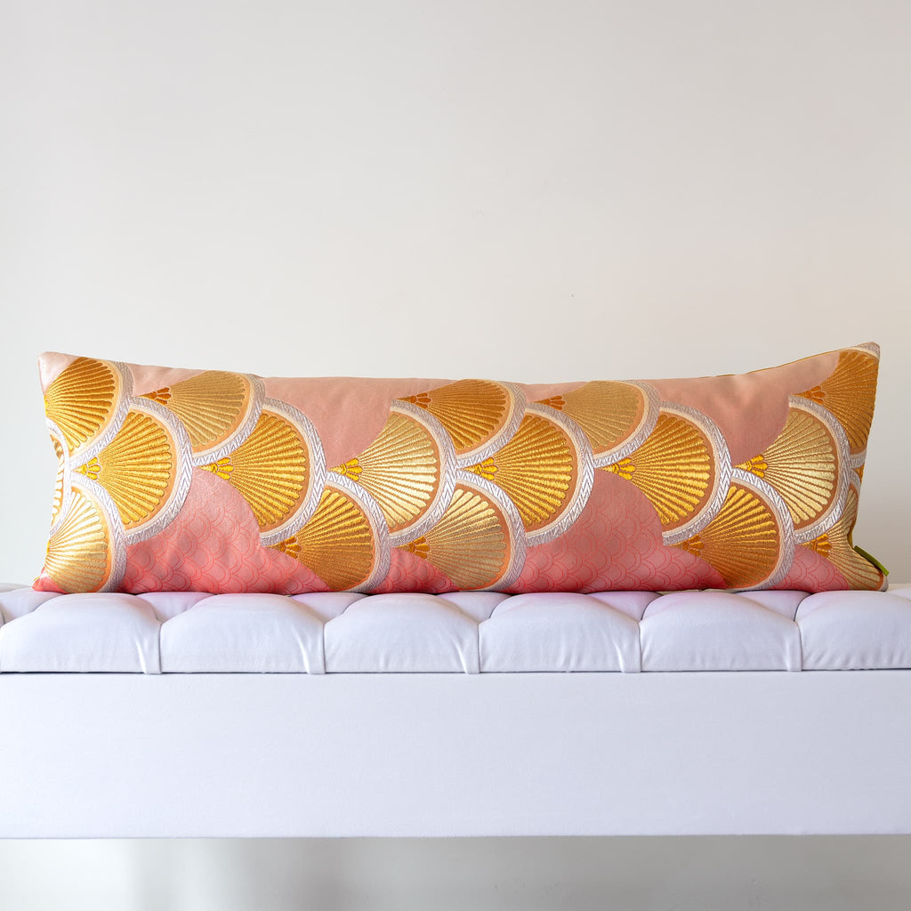 Pink silk bolster cushion made from vintage Japanese fukuro obi with gold fan motifs