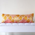 Pink silk bolster cushion made from vintage Japanese fukuro obi with gold fan motifs