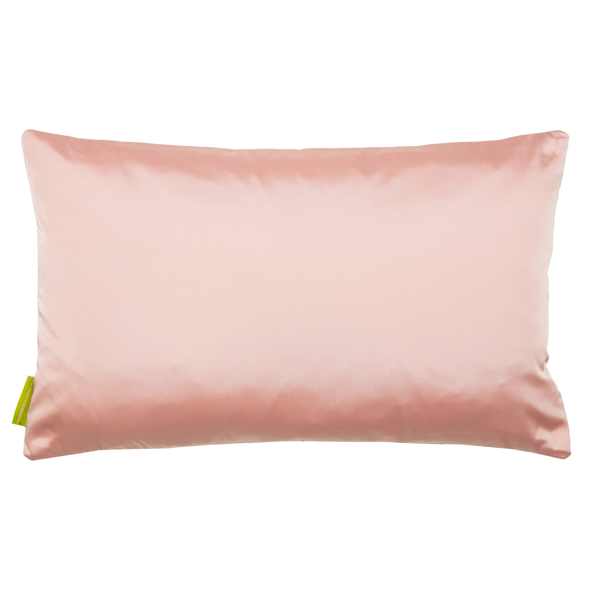 Reverse view of the rectangular obi cushion in blush pink silk on white background.
