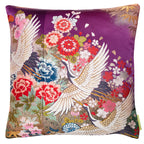 square silk cushion made from vintage kimono silk, purple base with multicoloured embroidery of cranes ans flowers, gold accents.