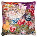 square cushion in vintage Japanese kimono silk, purple silk with multicolour flowers and flying crane in white