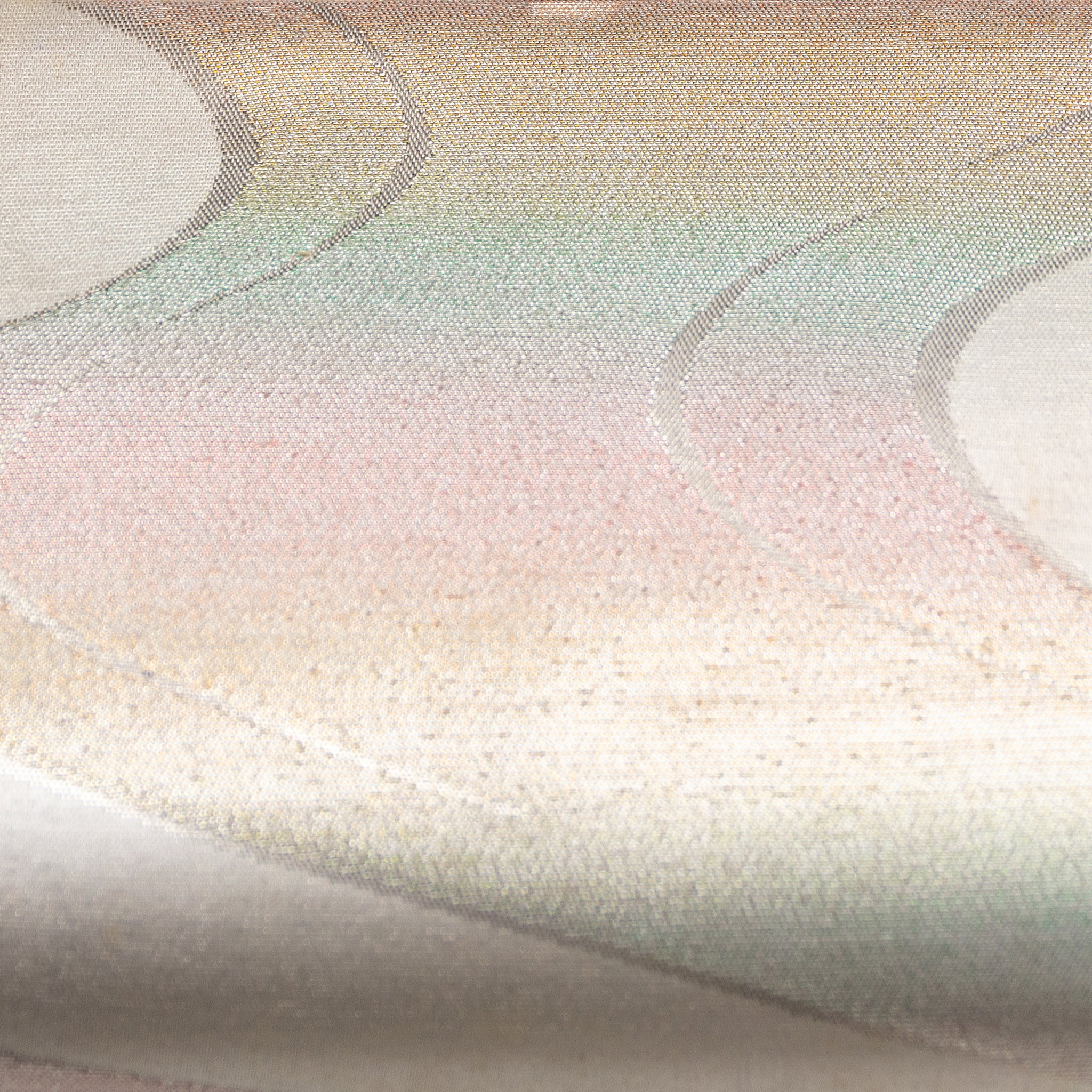 Close up view of vintage kimono silk bag woven multicoloured metallic silk in river pattern with silver edges.