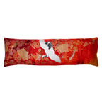 long bolster cushion in vintage kimono silk with white crane, gold fans and flowers over red