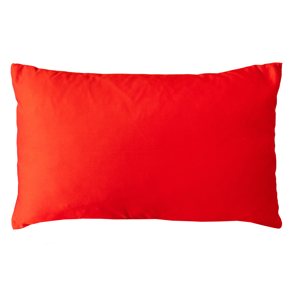 Reverse of the 1930s vintage silk cushion is bright red silk. Rectangular shape on a white background.