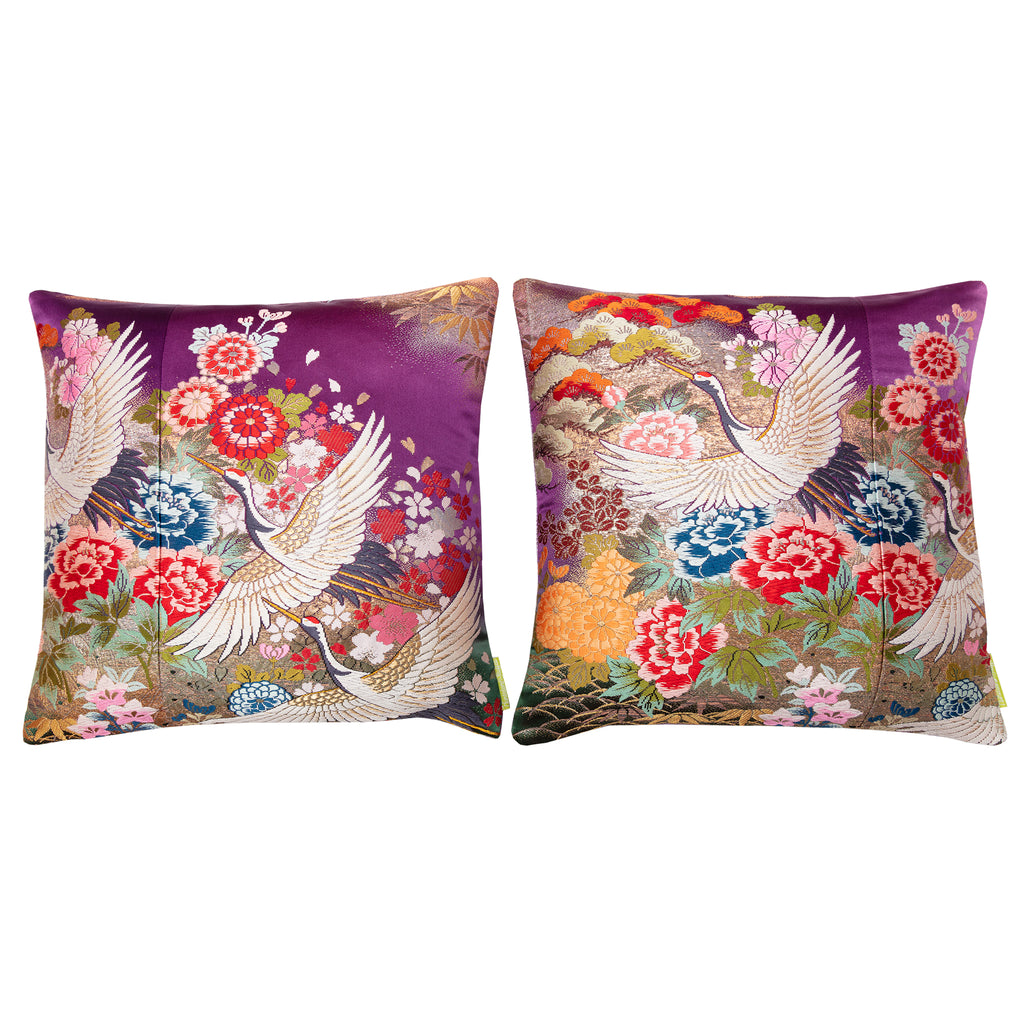 Set of 2 square cushions  in vintage kimono silk, purple with white cranes and multicoloured flowers