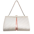 Vintage Japanese silk clutch bag in white and silver with orange accent and silver chain strap, geometric pattern.