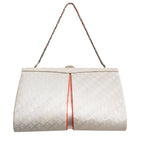 Vintage Japanese silk clutch bag in white and silver with orange accent and silver chain strap, geometric pattern.