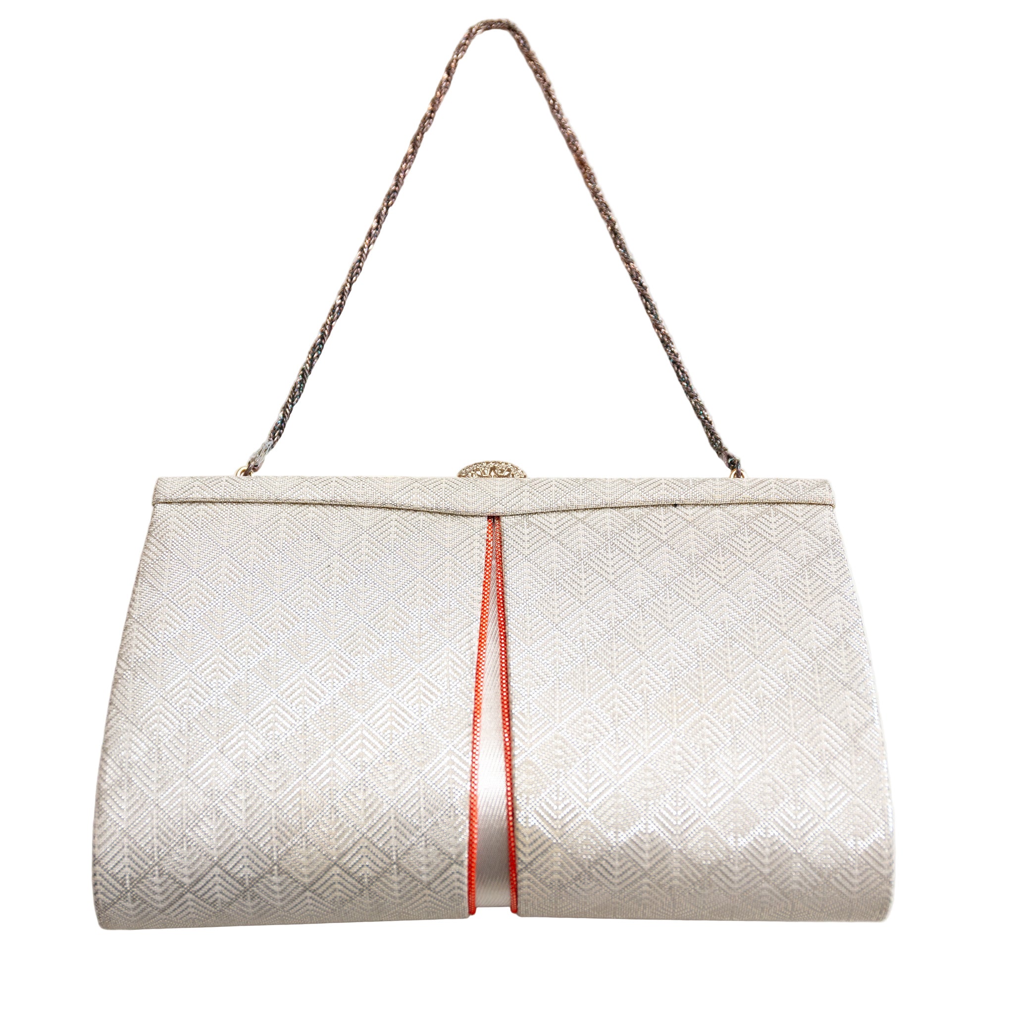 Vintage Japanese silk clutch bag in white and silver with orange accent and silver chain strap, geometric pattern.