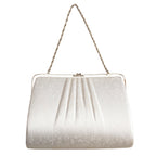 Reverse of the vintage Japanese silk clutch bag in textured ivory silk, white metal frame and chain strap