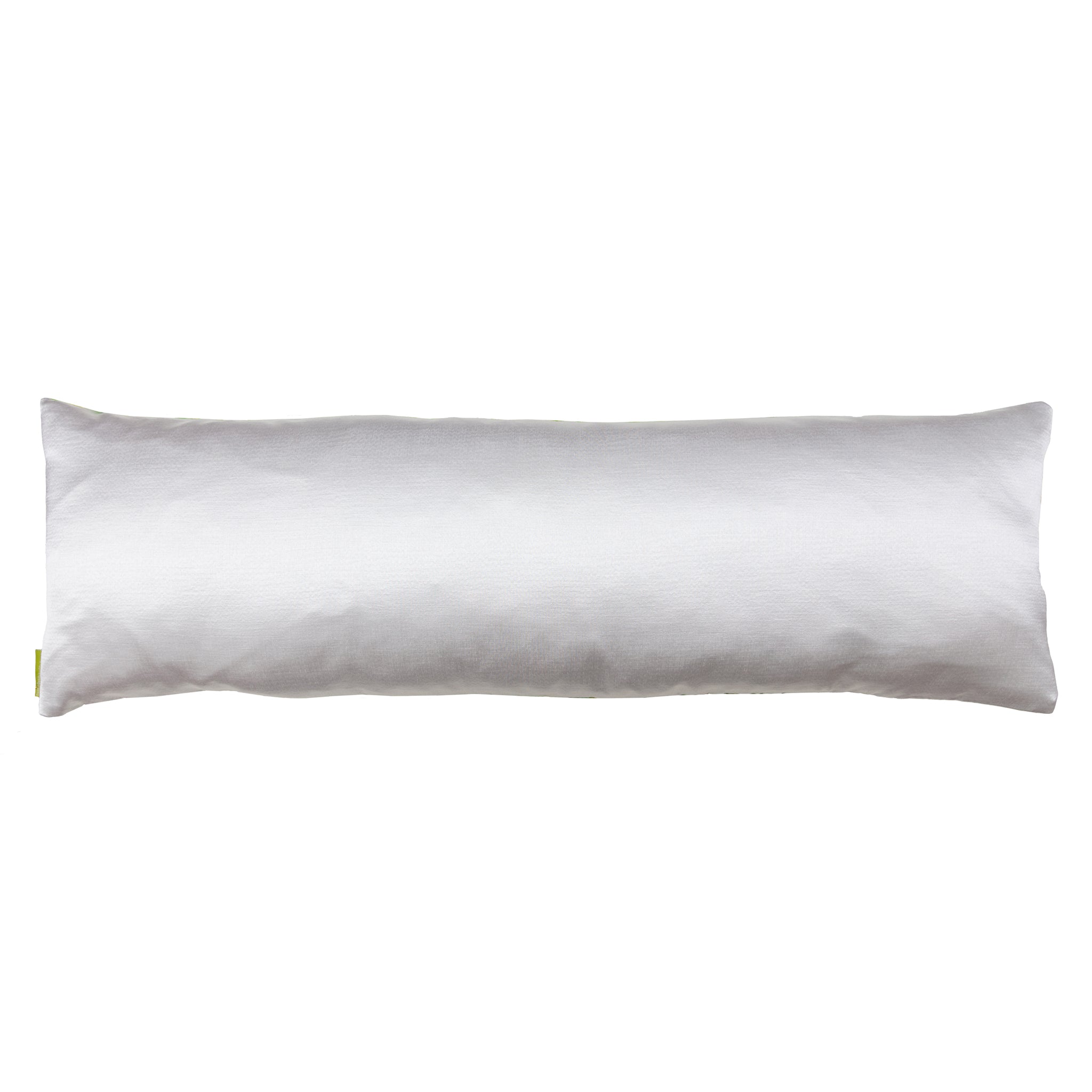 white satin reverse of bolster cushion on white