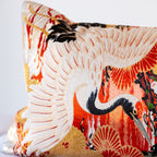 Soaring white crane and plum blossom detail, vintage Japanese Maru Obi silk bolster cushion corner