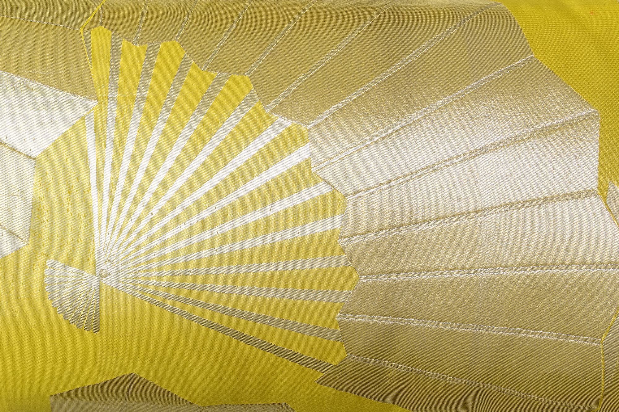 Ōgi fan motif woven in gold and silver thread on vintage Japanese kimono silk, symbolising prosperity and good fortune 