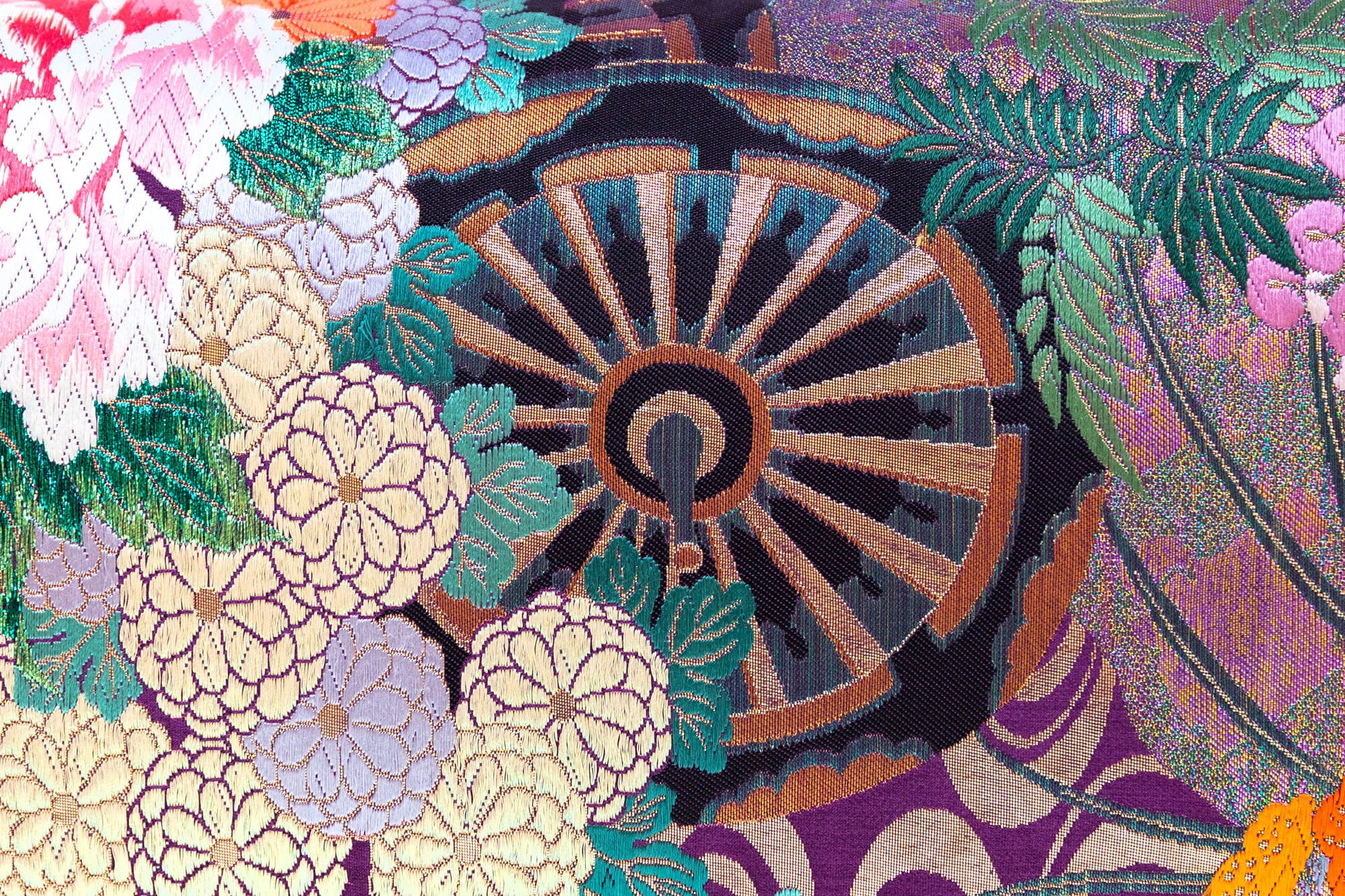 Genji wheel motif on floral Japanese silk brocade textile (Genji Guruma)