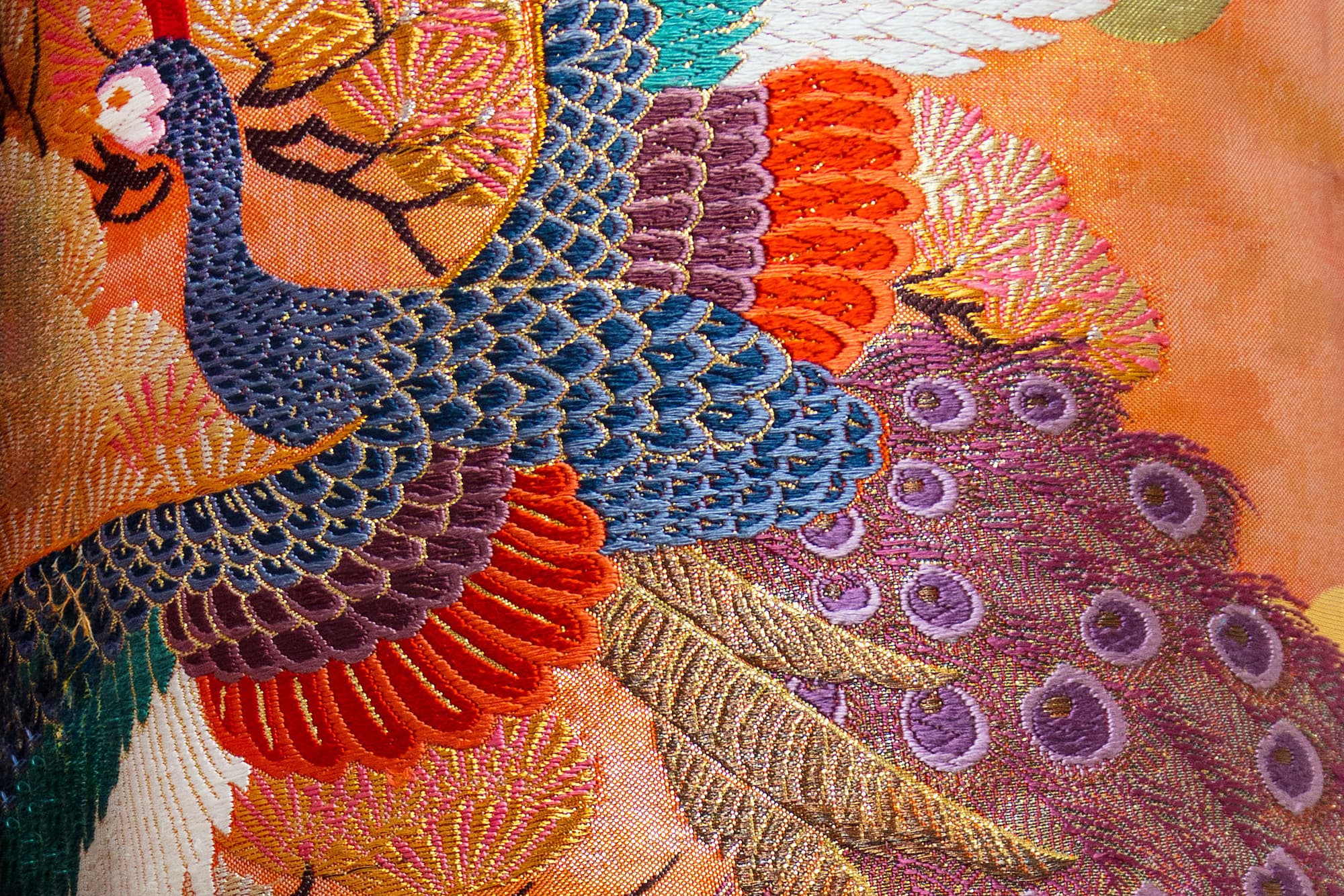 Peacock motif on an embroidered vintage silk Japanese uchikake kimono