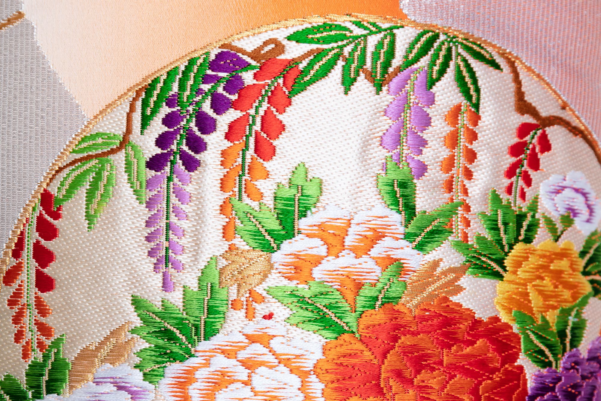 Wisteria symbol on woven silk Japanese textile
